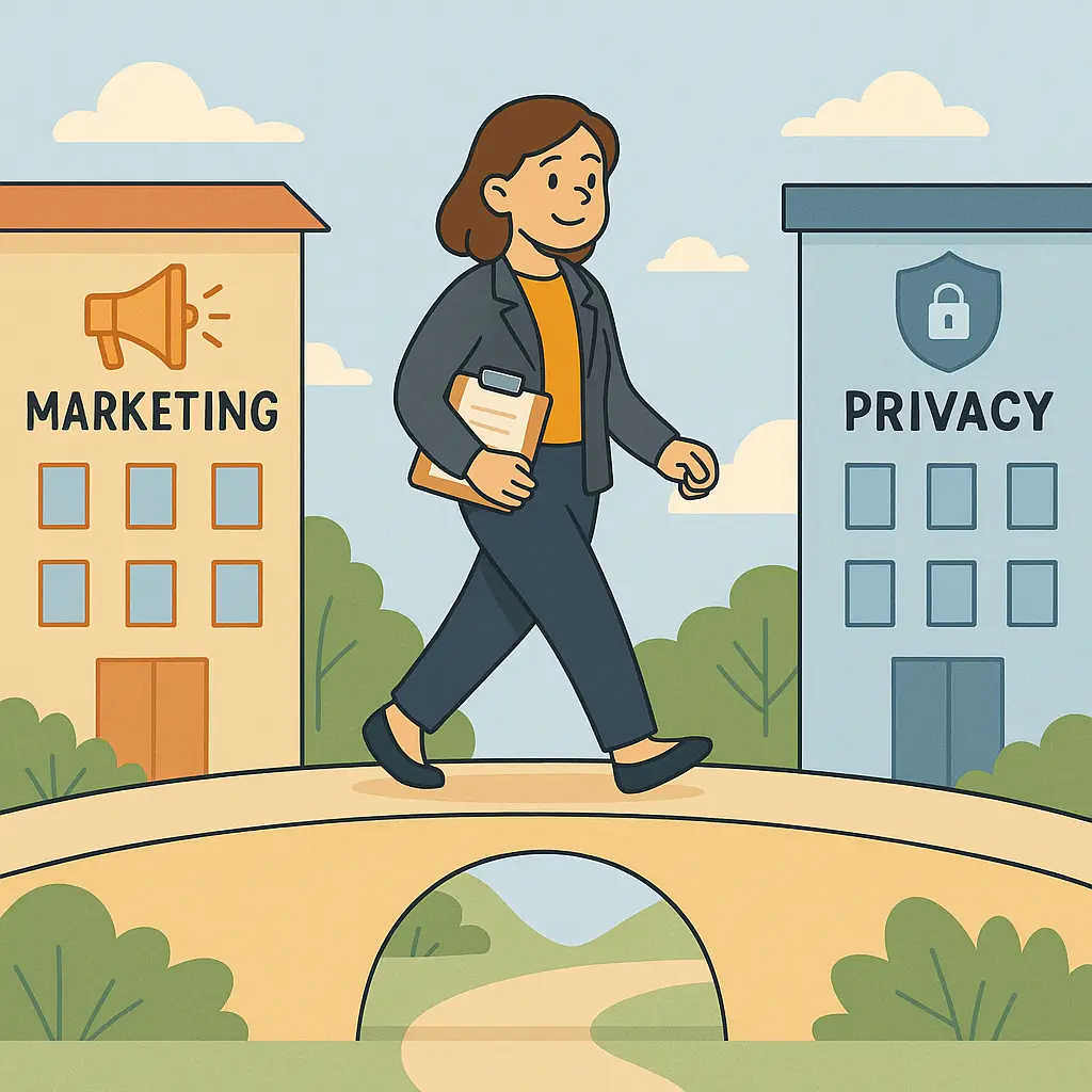 A person walking on a bridge between a marketing building and a privacy building, symbolizing the balance between marketing and privacy.