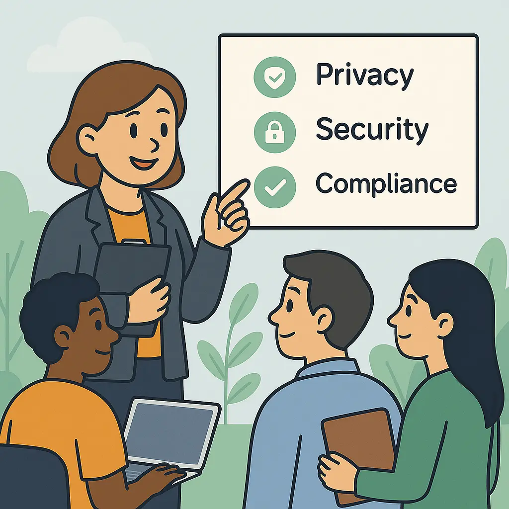 Picture showing a person giving a presentation to a group of people in an office setting.
