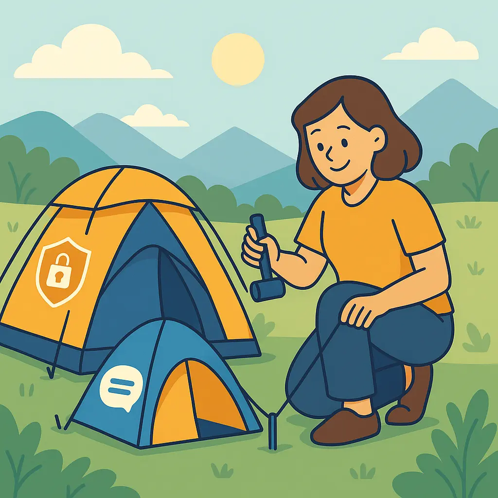 A cartoon-style image of Agnes setting up two tents, one labeled GDPR and one labeled DSA, on her journey to the top of mount compliance.