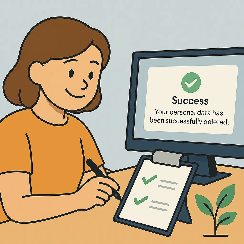Een persoon bekijkt een computerscherm met het bericht data succesvol verwijderd. Een persoon bekijkt een computerscherm met het bericht data succesvol verwijderd.