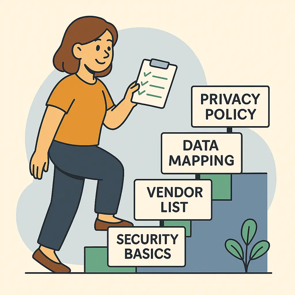 A person walking up a staircase, symbolizing gradual progress toward compliance. A person walking up a staircase, symbolizing gradual progress toward compliance.