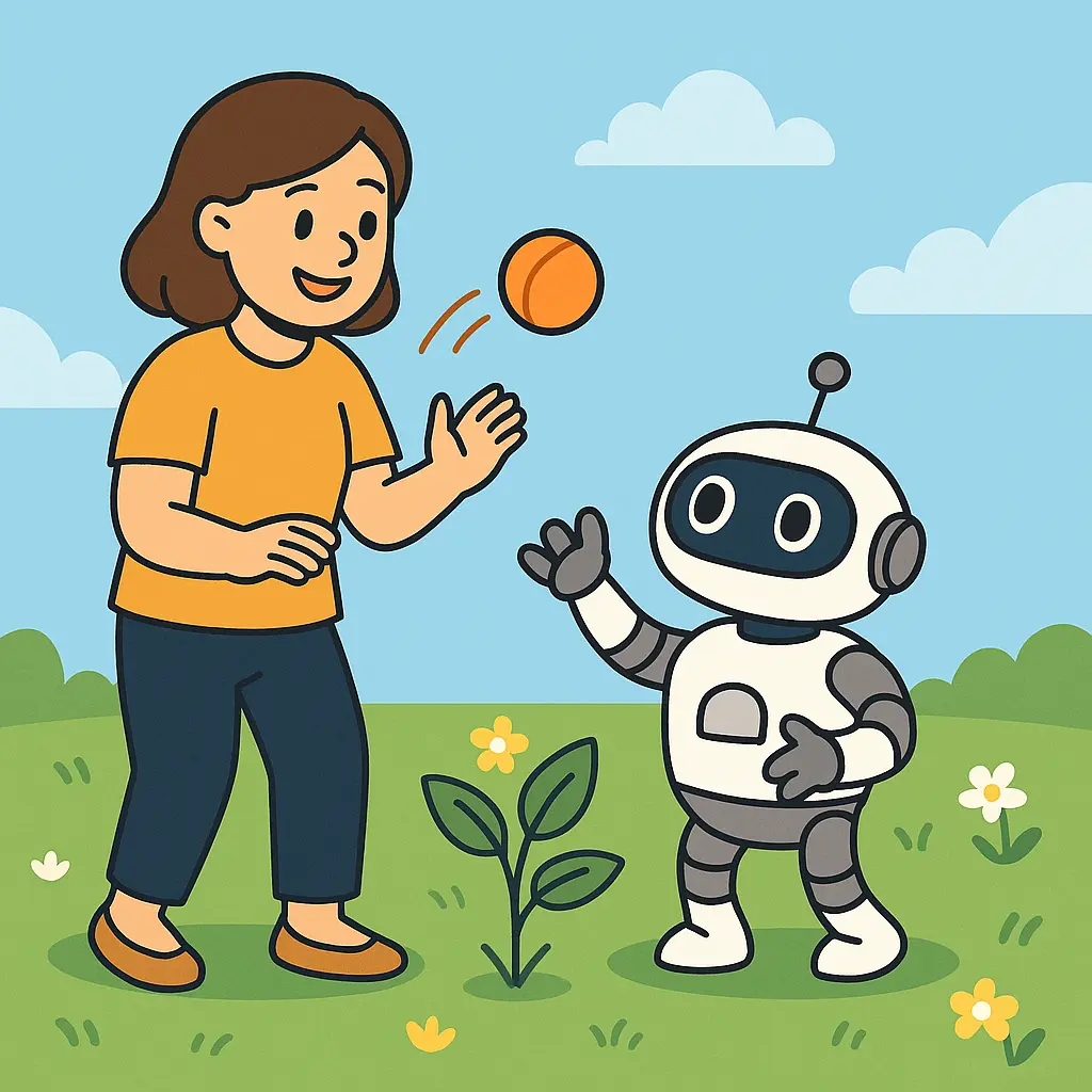 A cartoon-style image of Agnes standing next to a friendly robot, symbolizing the balance between technology and responsibility under the AI Act.