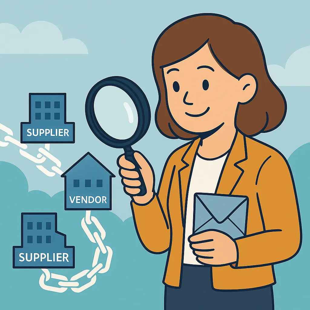 A cartoon-style image of Agnes examining a connected chain of suppliers, with a magnifying glass focused on one vendor in the middle.