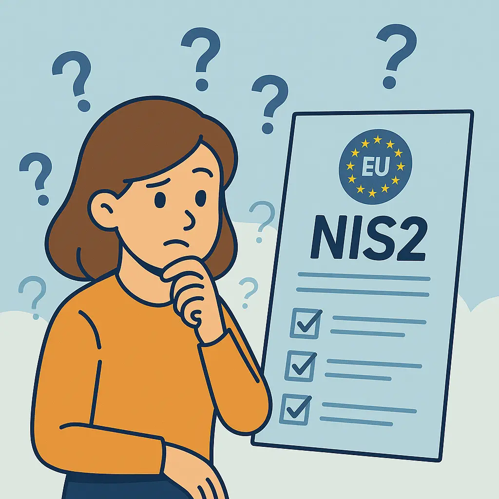 A cartoon-style image of Agnes looking at a large EU document with the label 'NIS2', surrounded by question marks and checklists.