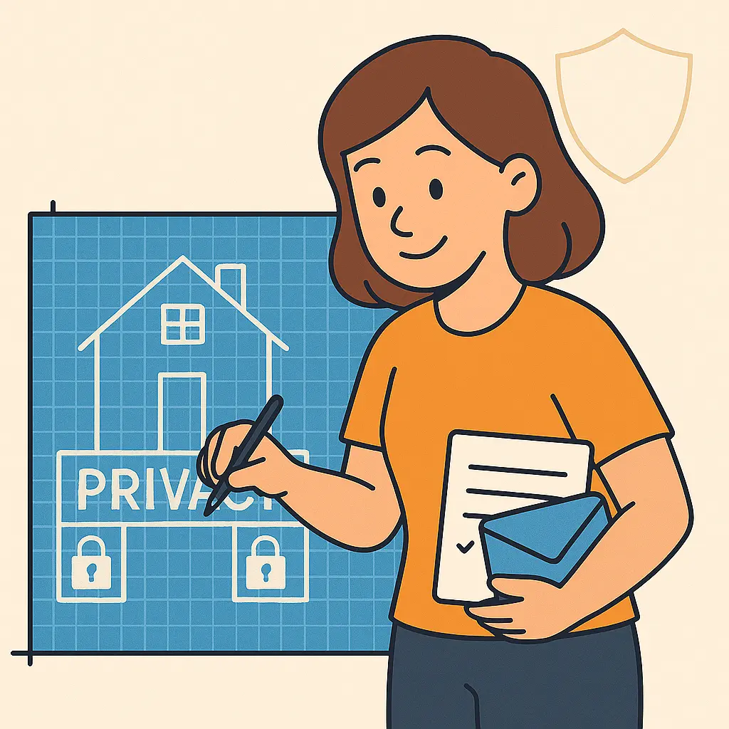 A cartoon-style image of Agnes sketching the first blueprint of a house with big 'privacy' signs worked into the foundation. A cartoon-style image of Agnes sketching the first blueprint of a house with big 'privacy' signs worked into the foundation.