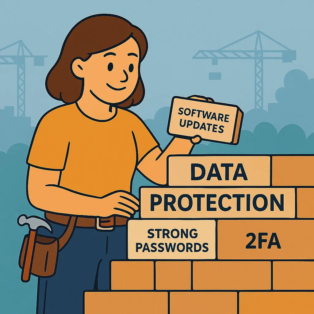 A cartoon-style Agnes building a wall made of 'security bricks', symbolizing small security improvements.