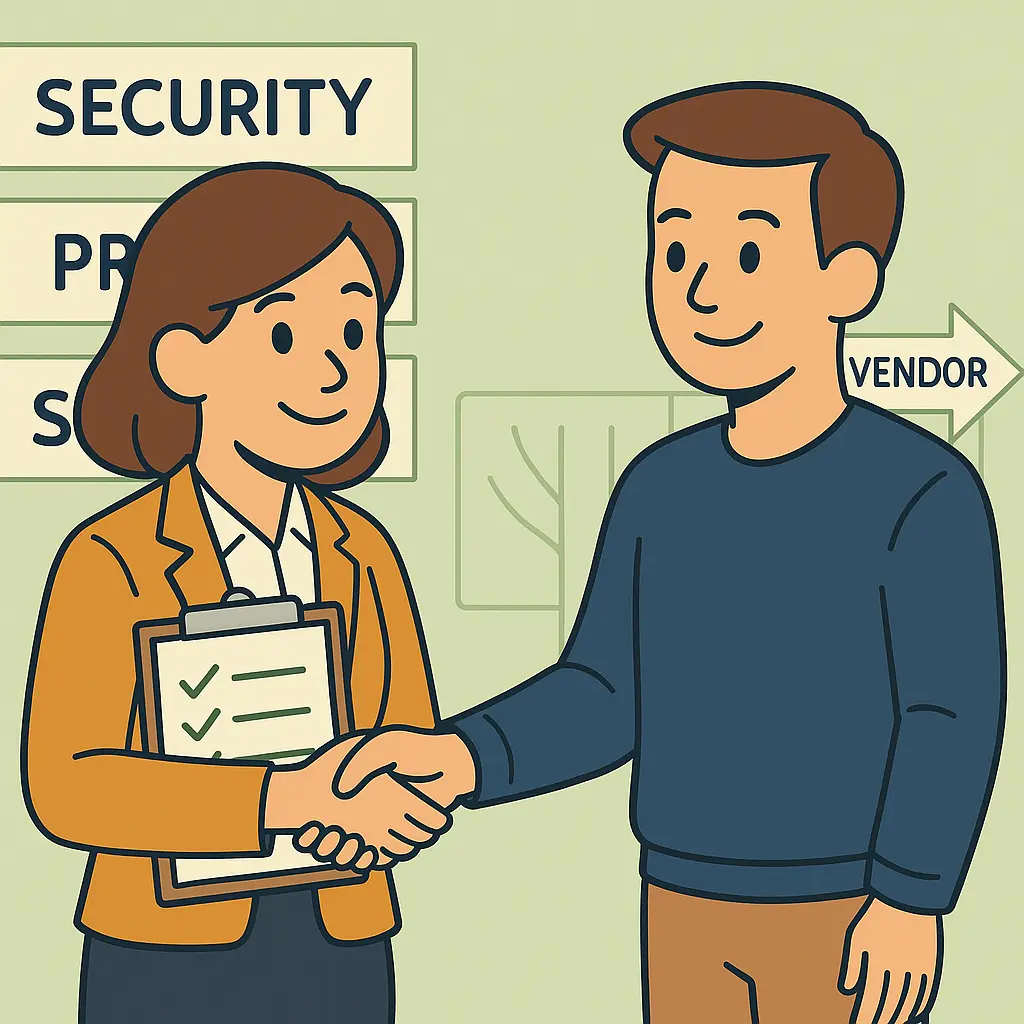 Agnes shaking hands with a vendor while holding a checklist. The background shows signs with "Security", "Privacy", and "Support" written on them.
