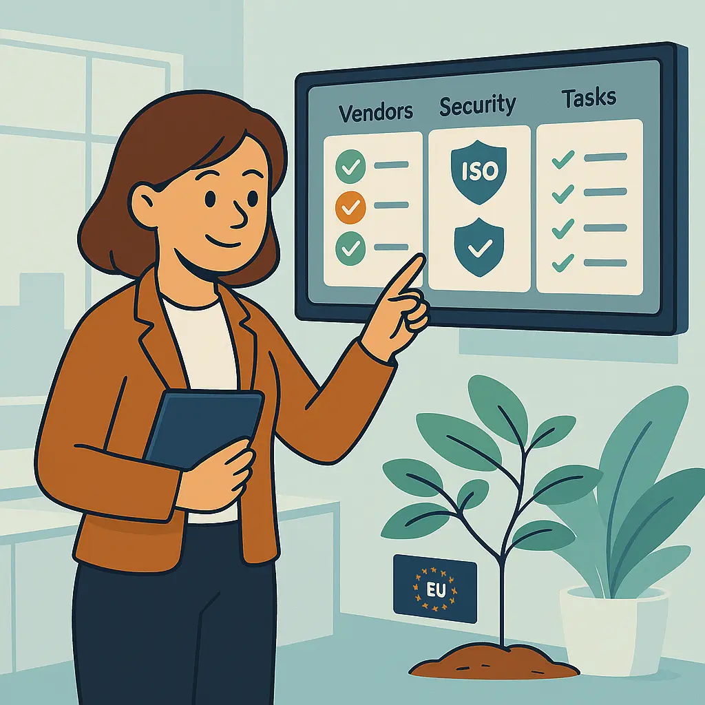 A cartoon-style image of Agnes in a control room overviewing vendor and security risk information. A cartoon-style image of Agnes in a control room overviewing vendor and security risk information.