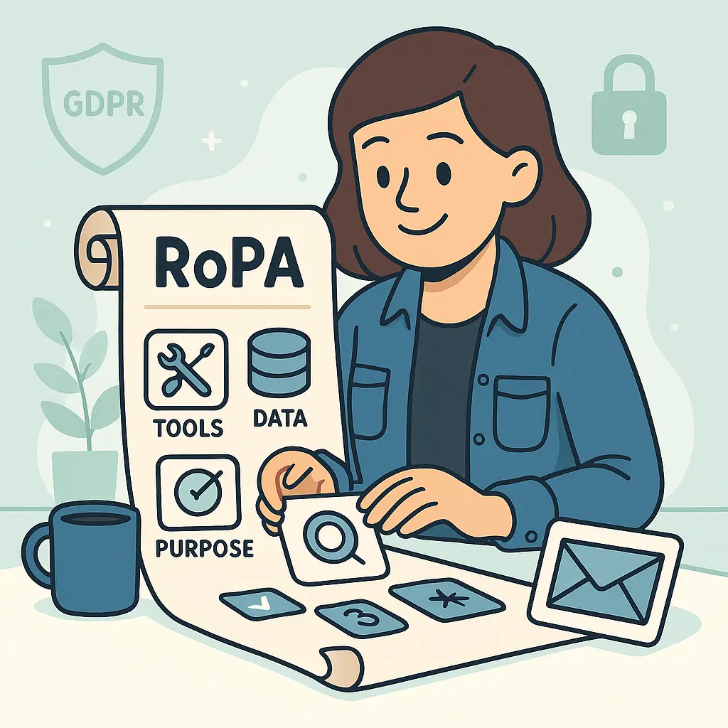 A cartoon-style image of Agnes organizing a big scroll labeled 'RoPA', surrounded by icons for tools, data types, and purposes.