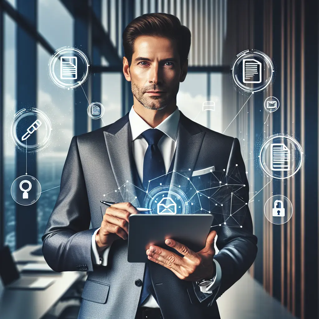 Person in tux holding a tablet looking at documents