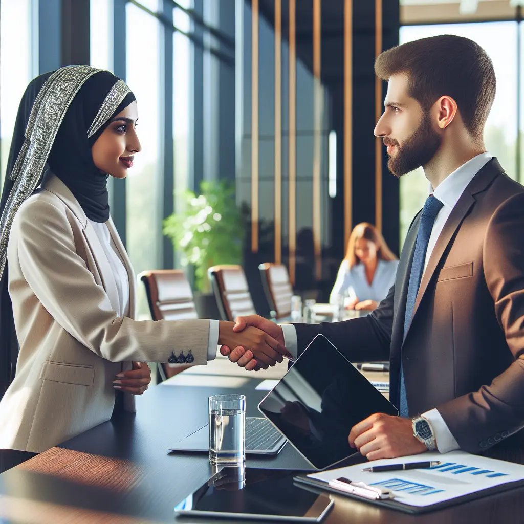 A vendor representative shaking hands with a business professional, representing partnership and agreement.