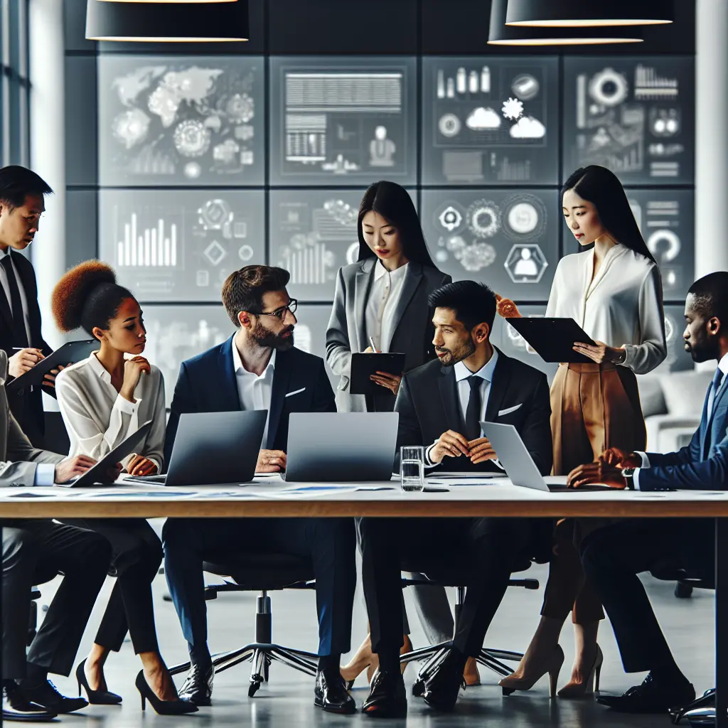  a diverse group of professionals in a modern office setting, engaged in a discussion or working together on laptops