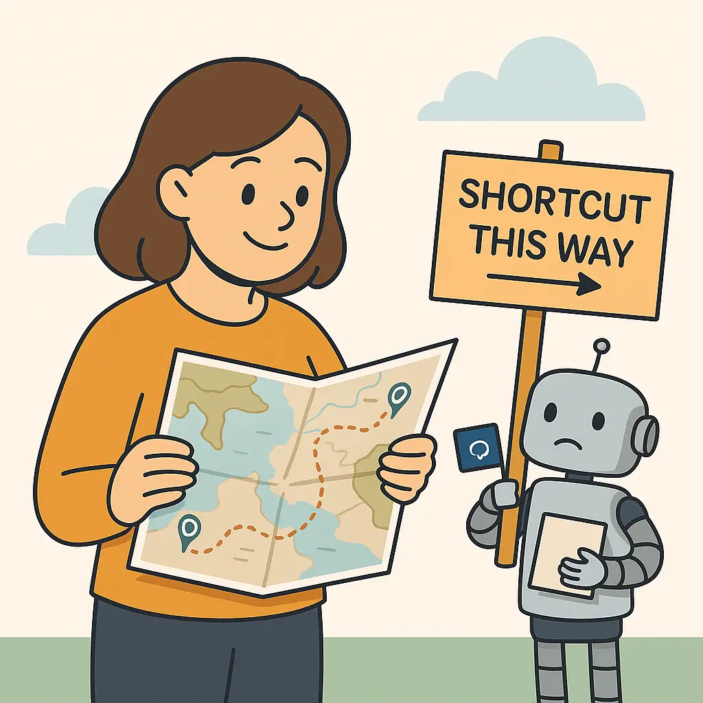 A person looking confidently at a map, next to her a robot with a sign saying 'Shortcut'. A person looking confidently at a map, next to her a robot with a sign saying 'Shortcut'.