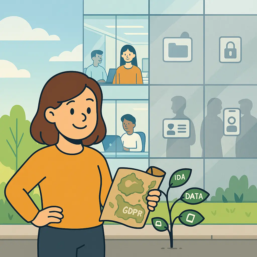 Agnes standing beside a giant magnifying glass, showing people reading a clear and simple privacy document.