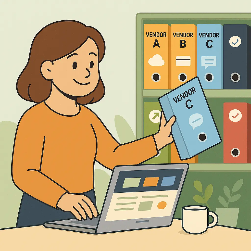 A cartoon-style image of Agnes organizing files representing different vendors, showing clear vendor management.