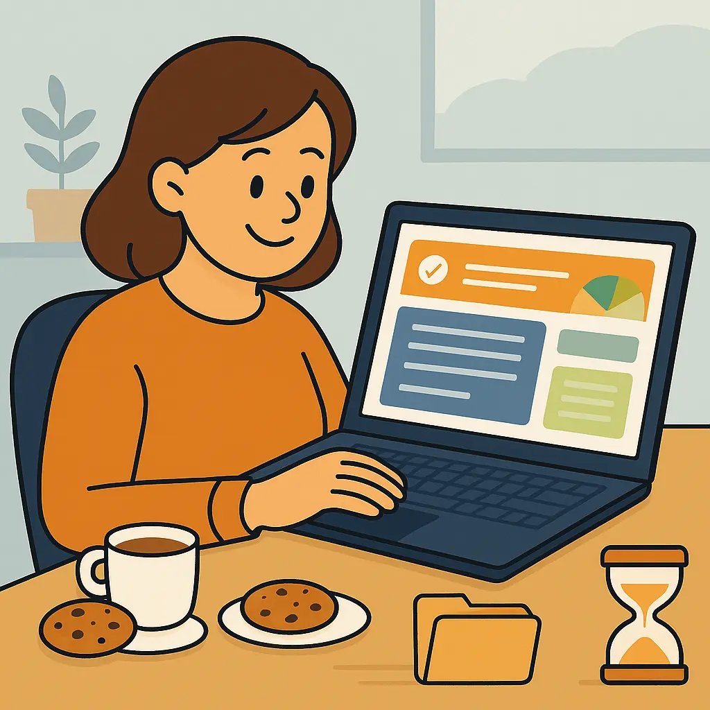 A cartoon-style person browsing a website, surrounded by small cookie and storage icons symbolizing data being stored.