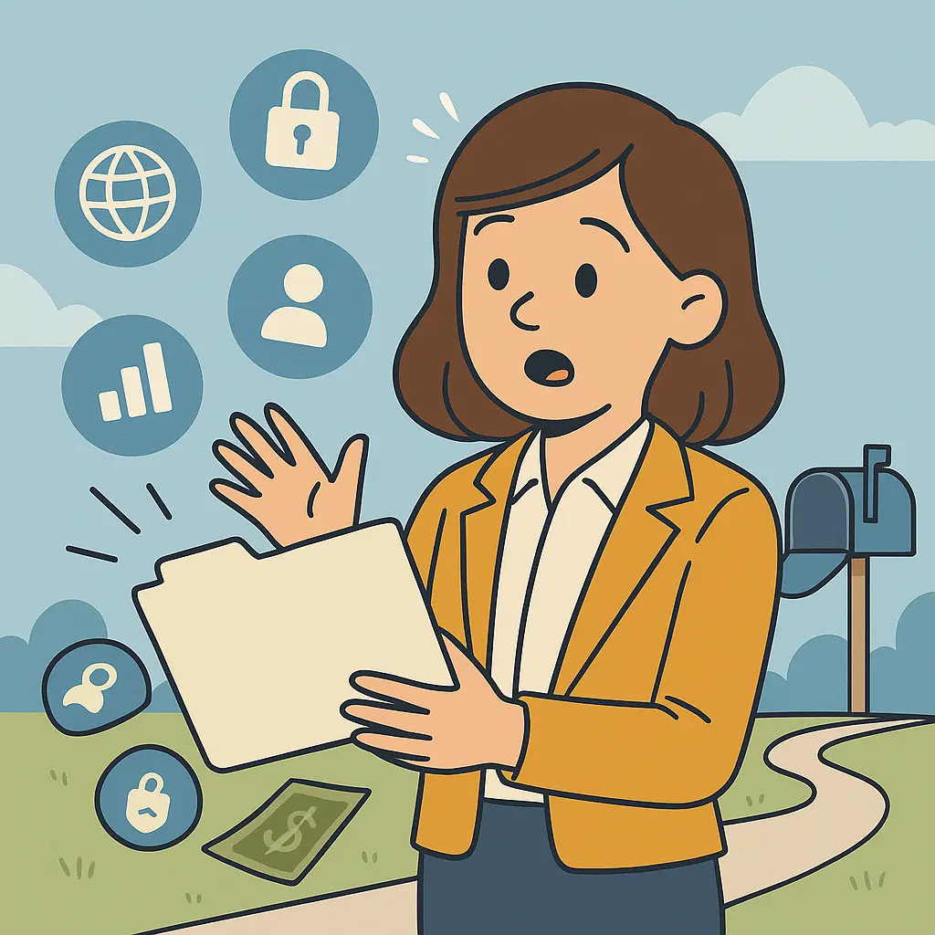 Agnes looking surprised as a file slips out of her hands, with data icons floating around and an open mailbox in the background. Agnes looking surprised as a file slips out of her hands, with data icons floating around and an open mailbox in the background.