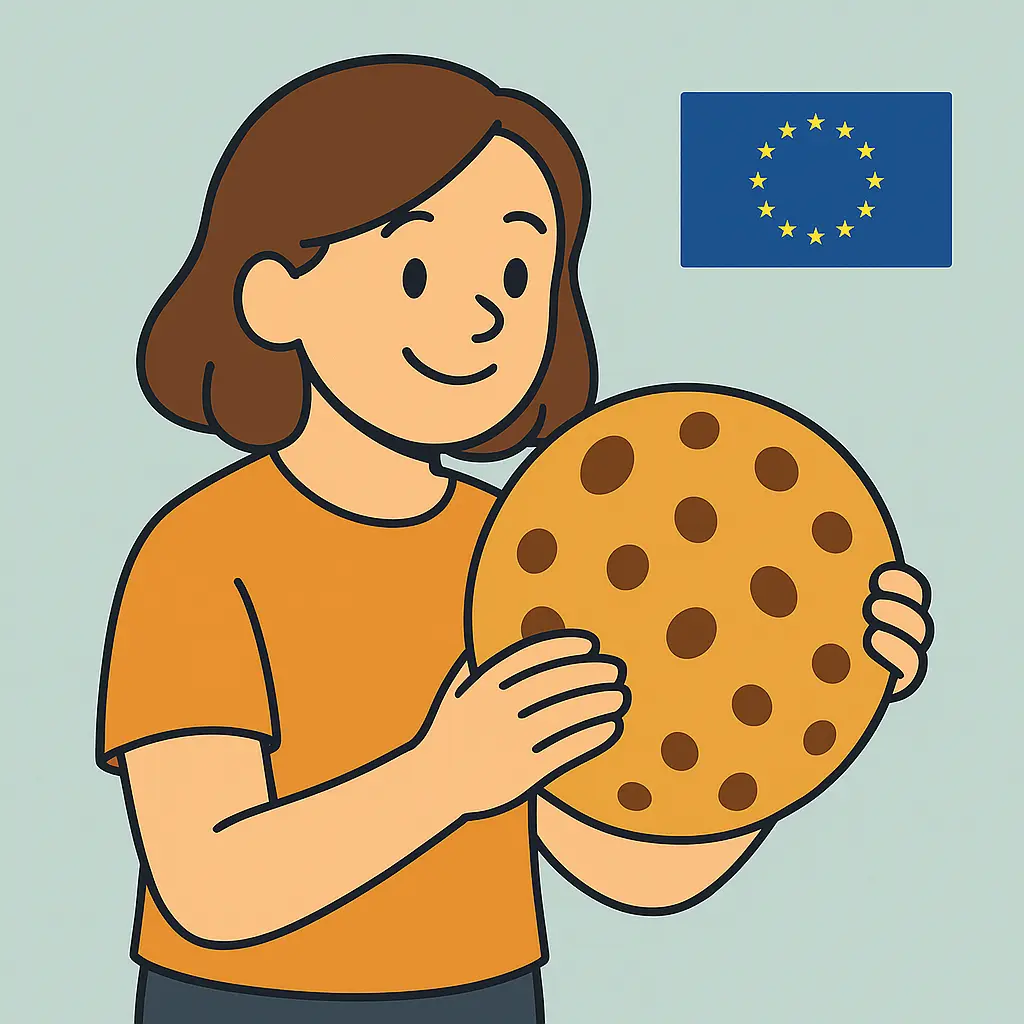A person holding a giant cookie with a bite taken out of it