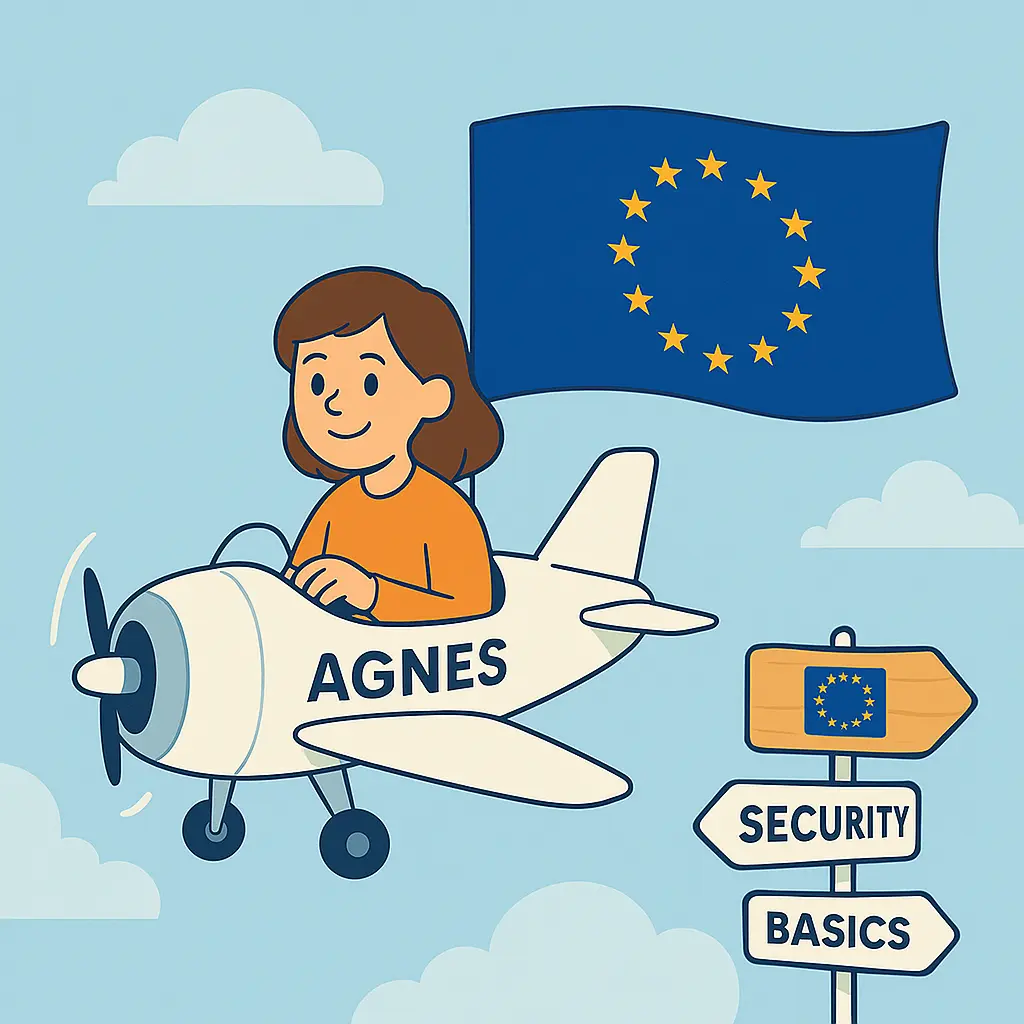 A person flying a plane with a eu flag behind it.